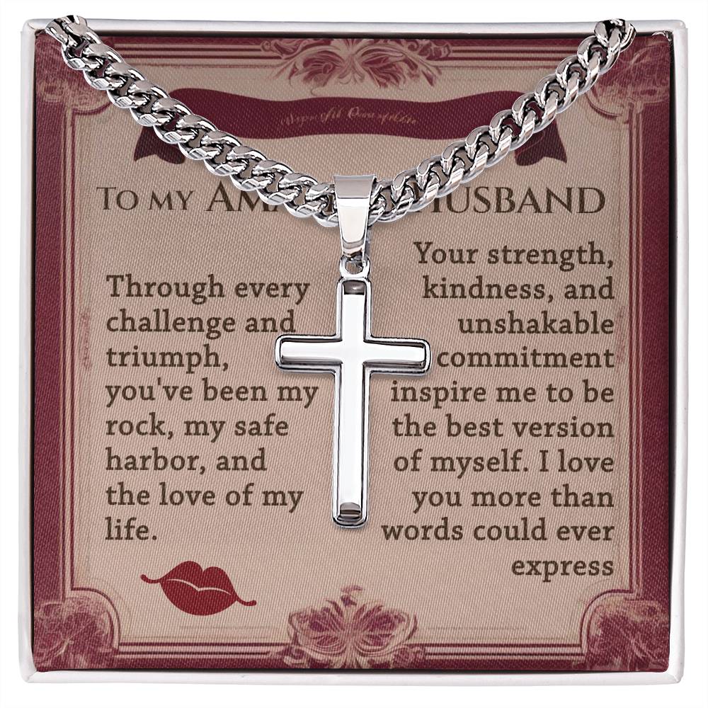 To My Husband - My Rock - Stainless Steel Cuban Link Cross Chain